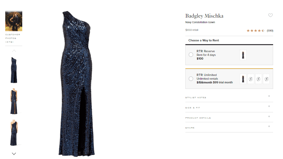 Rent the Runway's product page